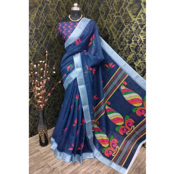 Generic Women's Cotton Linen Digital Print Saree With Unstitched Blouse 5.5Mtr (Blue) - Blue