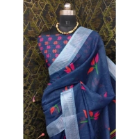 Generic Women's Cotton Linen Digital Print Saree With Unstitched Blouse 5.5Mtr (Blue) - Blue
