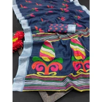 Generic Women's Cotton Linen Digital Print Saree With Unstitched Blouse 5.5Mtr (Blue) - Blue