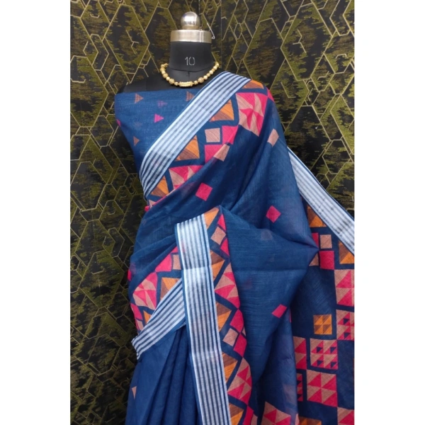 Generic Women's Cotton Linen Digital Print Saree With Unstitched Blouse 5.5Mtr (Blue) - Blue