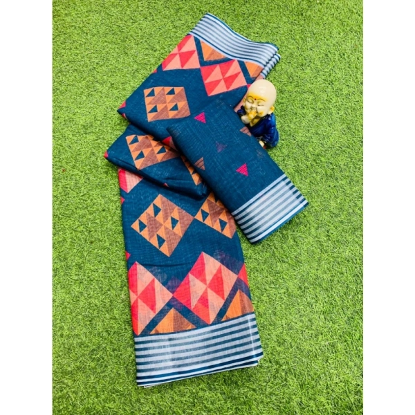 Generic Women's Cotton Linen Digital Print Saree With Unstitched Blouse 5.5Mtr (Blue) - Blue