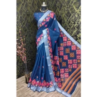 Generic Women's Cotton Linen Digital Print Saree With Unstitched Blouse 5.5Mtr (Blue) - Blue
