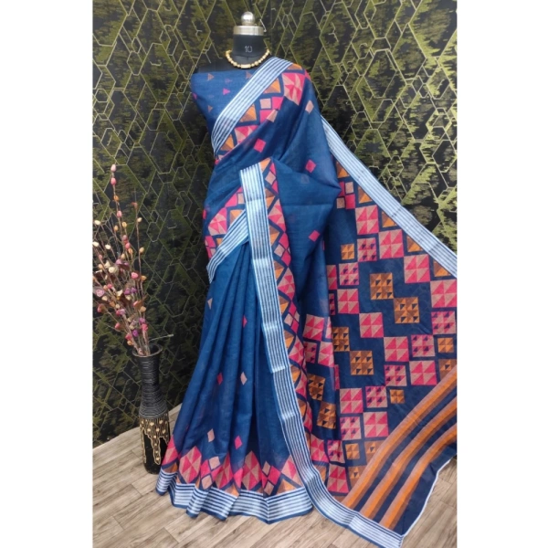 Generic Women's Cotton Linen Digital Print Saree With Unstitched Blouse 5.5Mtr (Blue) - Blue