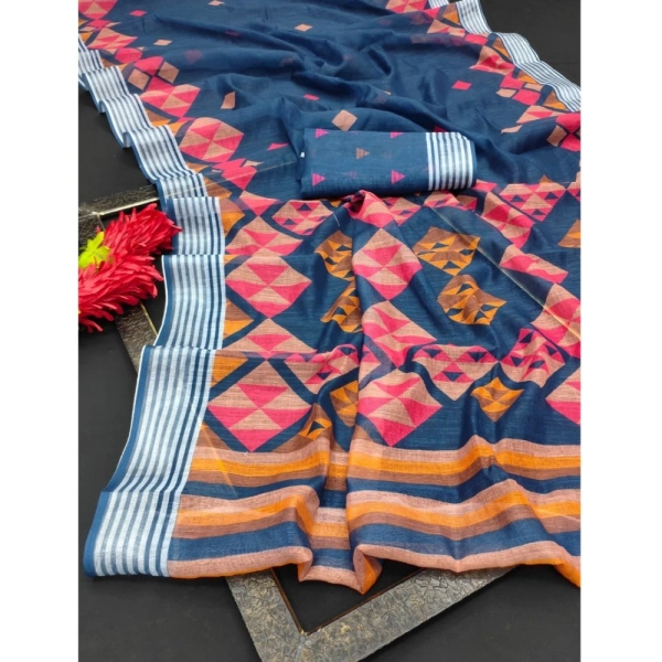 Generic Women's Cotton Linen Digital Print Saree With Unstitched Blouse 5.5Mtr (Blue) - Blue