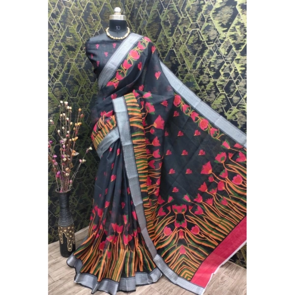 Generic Women's Cotton Linen Digital Print Saree With Unstitched Blouse 5.5Mtr (Black) - Black