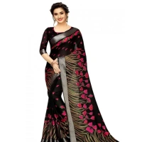 Generic Women's Cotton Linen Digital Print Saree With Unstitched Blouse 5.5Mtr (Black) - Black