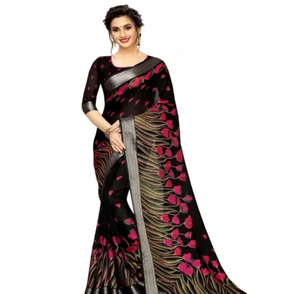 Generic Women's Cotton Linen Digital Print Saree With Unstitched Blouse 5.5Mtr (Black) - Black
