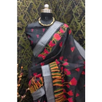 Generic Women's Cotton Linen Digital Print Saree With Unstitched Blouse 5.5Mtr (Black) - Black