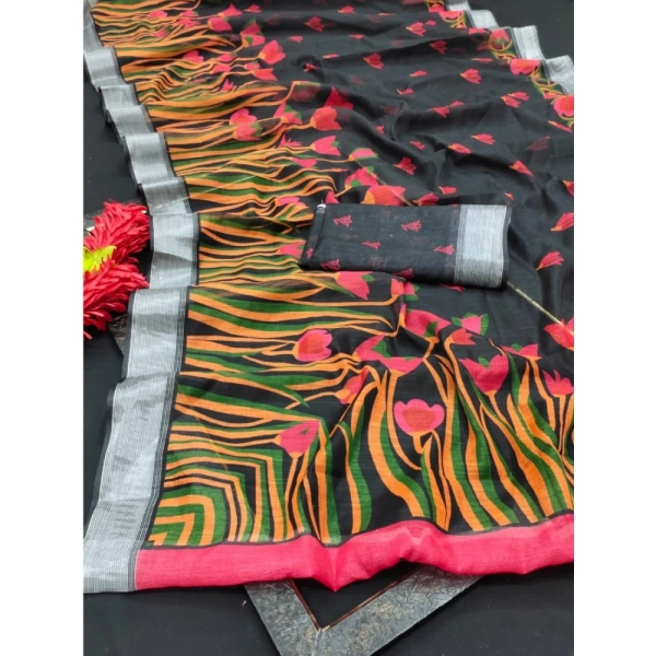 Generic Women's Cotton Linen Digital Print Saree With Unstitched Blouse 5.5Mtr (Black) - Black