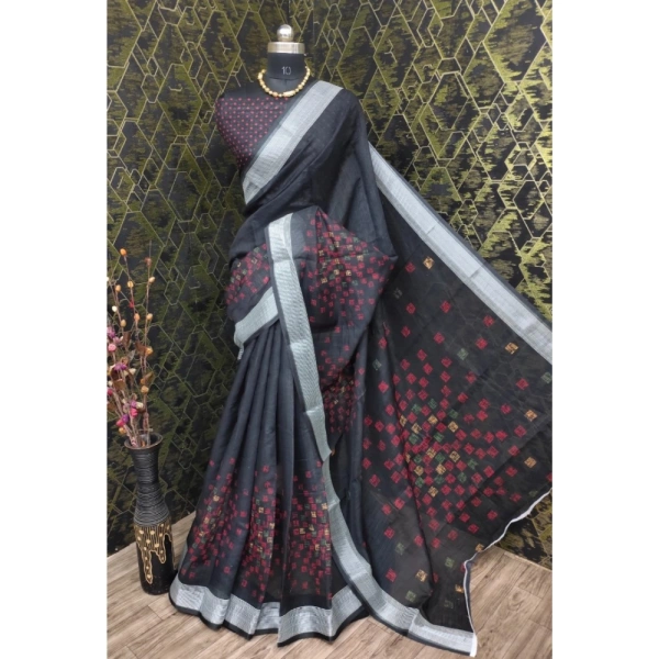Generic Women's Cotton Linen Digital Print Saree With Unstitched Blouse 5.5Mtr (Black) - Black