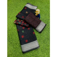 Generic Women's Cotton Linen Digital Print Saree With Unstitched Blouse 5.5Mtr (Black) - Black