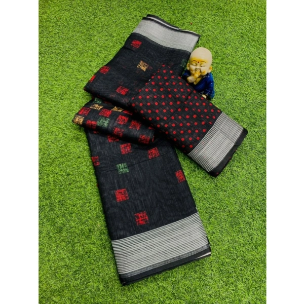 Generic Women's Cotton Linen Digital Print Saree With Unstitched Blouse 5.5Mtr (Black) - Black