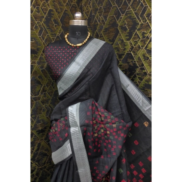 Generic Women's Cotton Linen Digital Print Saree With Unstitched Blouse 5.5Mtr (Black) - Black