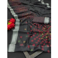 Generic Women's Cotton Linen Digital Print Saree With Unstitched Blouse 5.5Mtr (Black) - Black