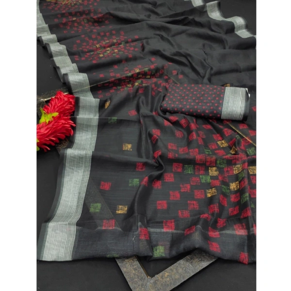 Generic Women's Cotton Linen Digital Print Saree With Unstitched Blouse 5.5Mtr (Black) - Black