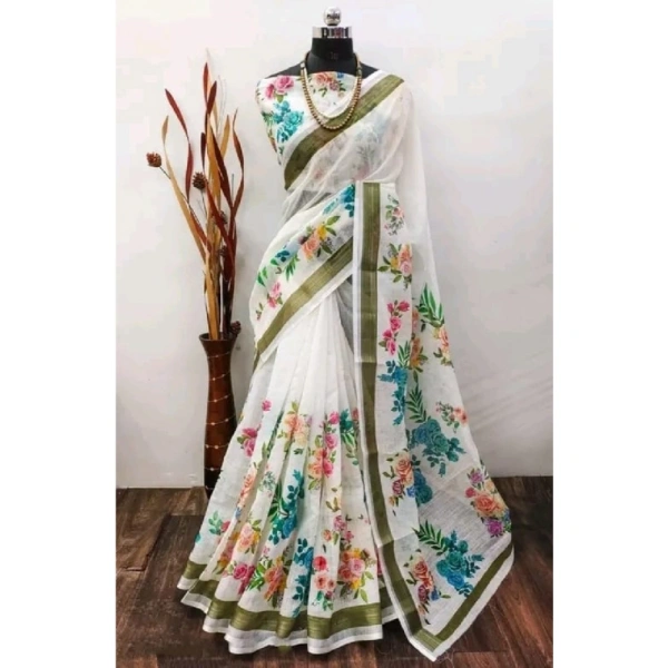 Generic Women's Cotton Linen Printed Saree With Unstitched Blouse 5.5Mtr (Multicolor) - Multicolor