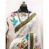 Generic Women's Cotton Linen Printed Saree With Unstitched Blouse 5.5Mtr (Multicolor) - Multicolor