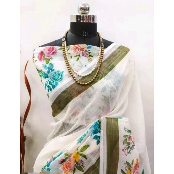 Generic Women's Cotton Linen Printed Saree With Unstitched Blouse 5.5Mtr (Multicolor) - Multicolor