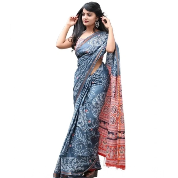 Generic Women's Cotton Linen Printed Saree With Unstitched Blouse 5.5Mtr (Grey) - Grey