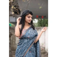 Generic Women's Cotton Linen Printed Saree With Unstitched Blouse 5.5Mtr (Grey) - Grey