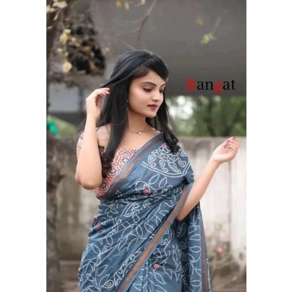 Generic Women's Cotton Linen Printed Saree With Unstitched Blouse 5.5Mtr (Grey) - Grey