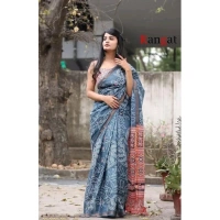 Generic Women's Cotton Linen Printed Saree With Unstitched Blouse 5.5Mtr (Grey) - Grey