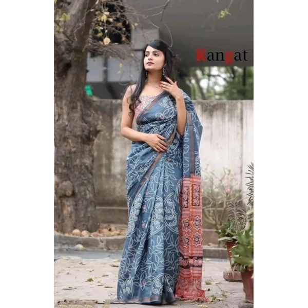 Generic Women's Cotton Linen Printed Saree With Unstitched Blouse 5.5Mtr (Grey) - Grey