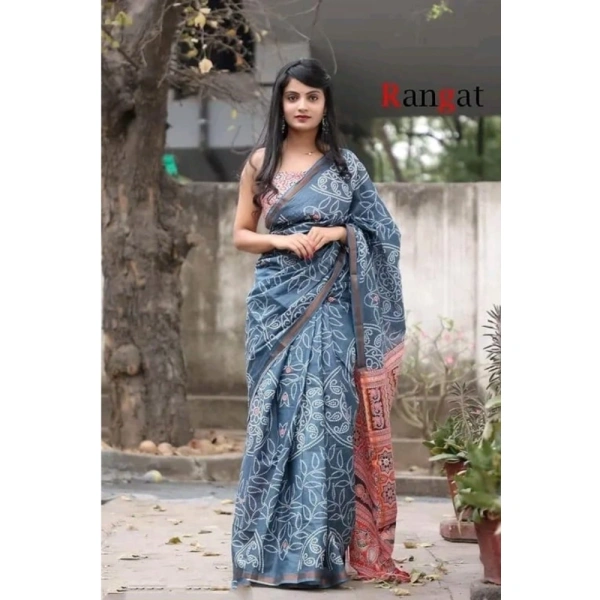 Generic Women's Cotton Linen Printed Saree With Unstitched Blouse 5.5Mtr (Grey) - Grey