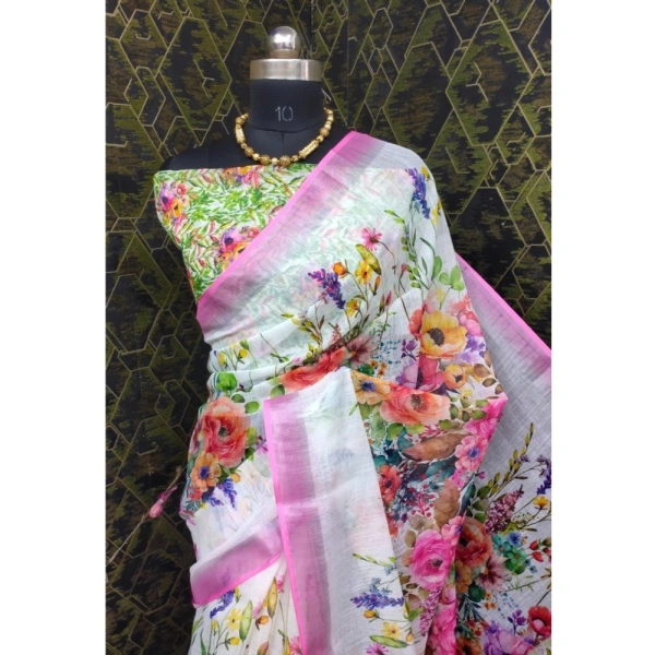 Generic Women's Cotton Linen Printed Saree With Unstitched Blouse 5.5Mtr (Pink) - Pink