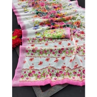 Generic Women's Cotton Linen Printed Saree With Unstitched Blouse 5.5Mtr (Pink) - Pink