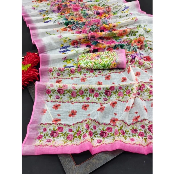 Generic Women's Cotton Linen Printed Saree With Unstitched Blouse 5.5Mtr (Pink) - Pink