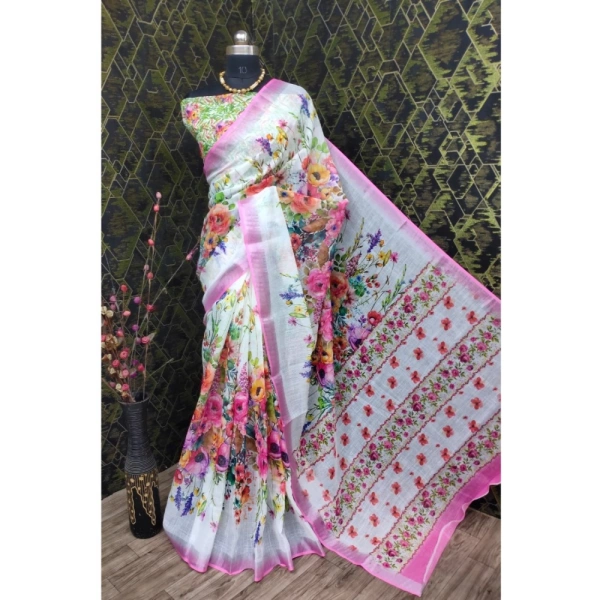 Generic Women's Cotton Linen Printed Saree With Unstitched Blouse 5.5Mtr (Pink) - Pink