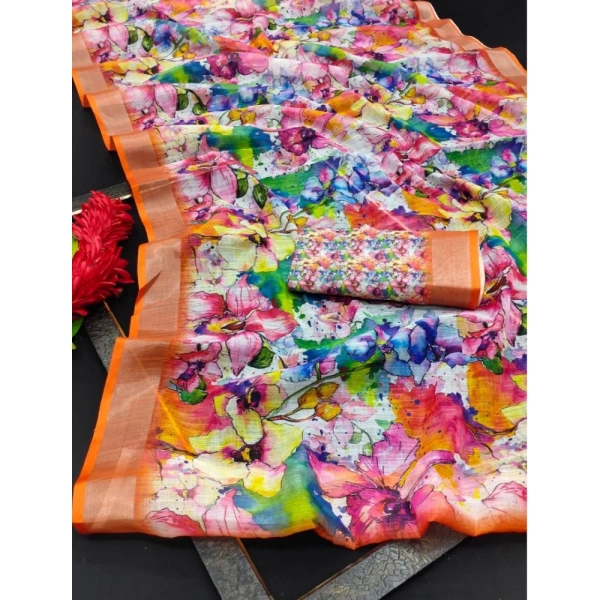 Generic Women's Cotton Linen Printed Saree With Unstitched Blouse 5.5Mtr (Orange) - Orange
