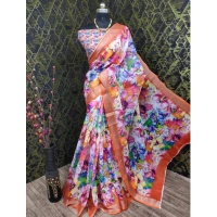 Generic Women's Cotton Linen Printed Saree With Unstitched Blouse 5.5Mtr (Orange) - Orange