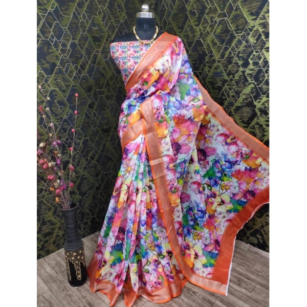 Generic Women's Cotton Linen Printed Saree With Unstitched Blouse 5.5Mtr (Orange) - Orange