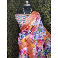 Generic Women's Cotton Linen Printed Saree With Unstitched Blouse 5.5Mtr (Orange) - Orange