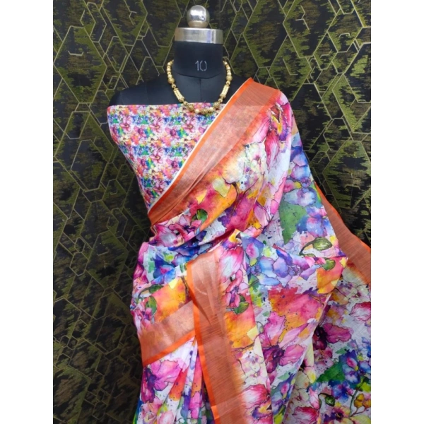 Generic Women's Cotton Linen Printed Saree With Unstitched Blouse 5.5Mtr (Orange) - Orange