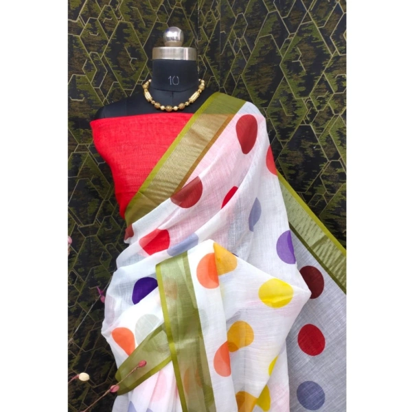 Generic Women's Cotton Linen Printed Saree With Unstitched Blouse 5.5Mtr (Multicolor) - Multicolor