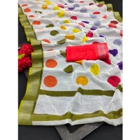 Generic Women's Cotton Linen Printed Saree With Unstitched Blouse 5.5Mtr (Multicolor) - Multicolor
