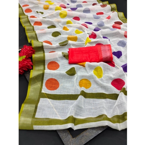 Generic Women's Cotton Linen Printed Saree With Unstitched Blouse 5.5Mtr (Multicolor) - Multicolor