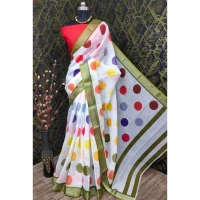 Generic Women's Cotton Linen Printed Saree With Unstitched Blouse 5.5Mtr (Multicolor) - Multicolor