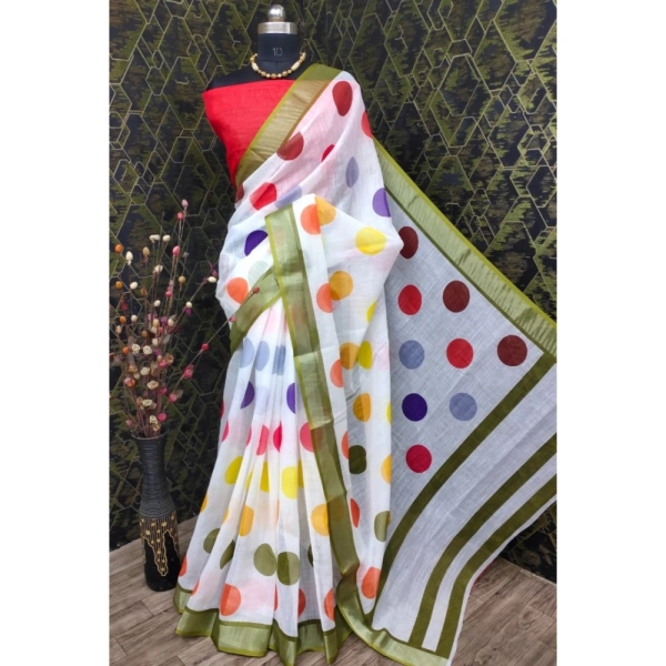 Generic Women's Cotton Linen Printed Saree With Unstitched Blouse 5.5Mtr (Multicolor) - Multicolor