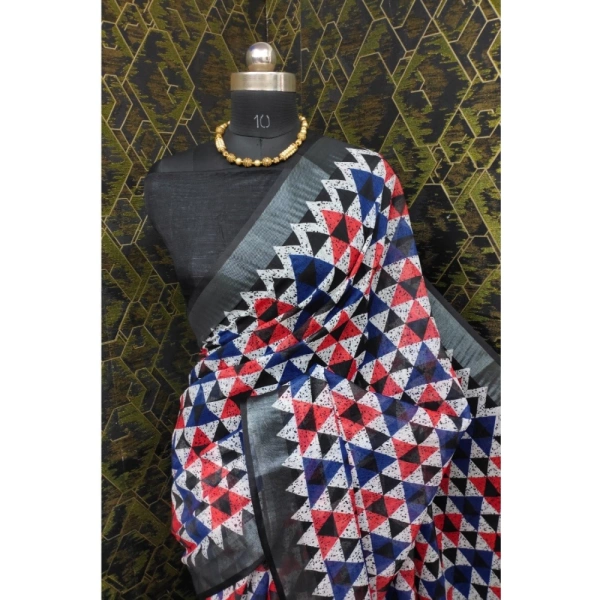 Generic Women's Cotton Linen Printed Saree With Unstitched Blouse 5.5Mtr (Black) - Black