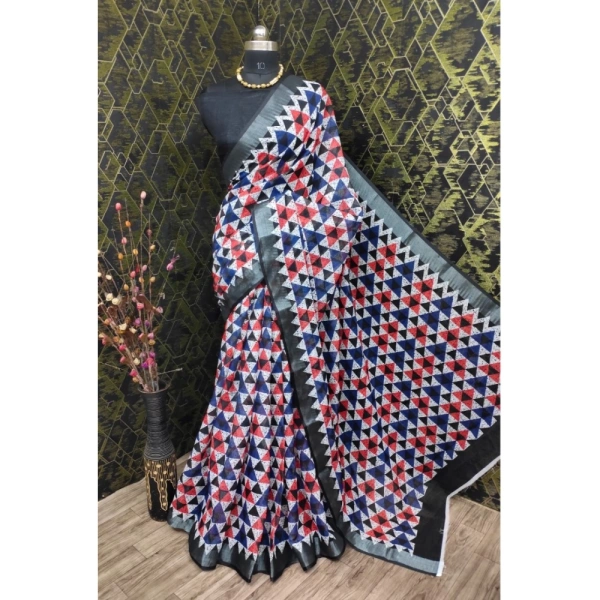 Generic Women's Cotton Linen Printed Saree With Unstitched Blouse 5.5Mtr (Black) - Black