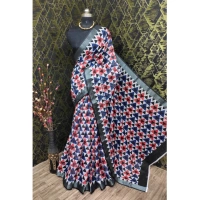 Generic Women's Cotton Linen Printed Saree With Unstitched Blouse 5.5Mtr (Black) - Black