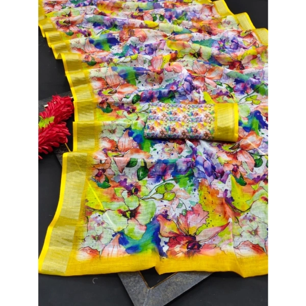 Generic Women's Cotton Linen Printed Saree With Unstitched Blouse 5.5Mtr (Yellow) - Yellow