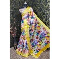 Generic Women's Cotton Linen Printed Saree With Unstitched Blouse 5.5Mtr (Yellow) - Yellow