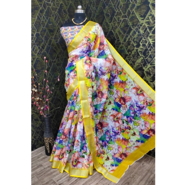 Generic Women's Cotton Linen Printed Saree With Unstitched Blouse 5.5Mtr (Yellow) - Yellow