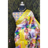 Generic Women's Cotton Linen Printed Saree With Unstitched Blouse 5.5Mtr (Yellow) - Yellow