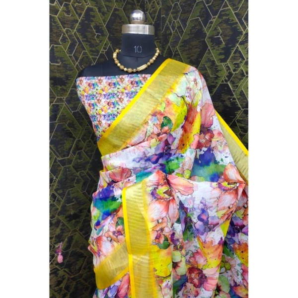 Generic Women's Cotton Linen Printed Saree With Unstitched Blouse 5.5Mtr (Yellow) - Yellow